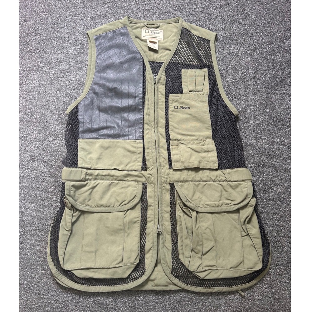 LL Bean Bird Hunting Vest Green Mens Large Mesh Leather Patch Utility Cargo Fish